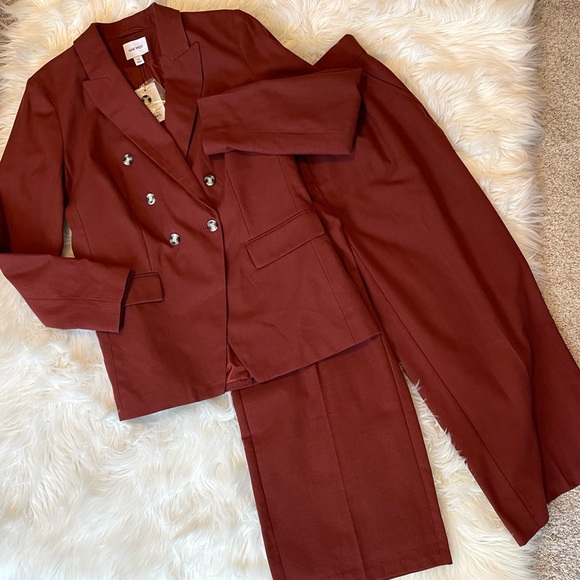 NWT Nine West Chestnut Lined Double Breasted Blazer & Cropped Wide Pants Suit - Picture 2 of 16